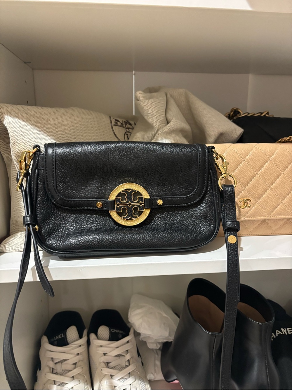Tory Burch Black Pebbled Leather Crossbody with Gold Logo
